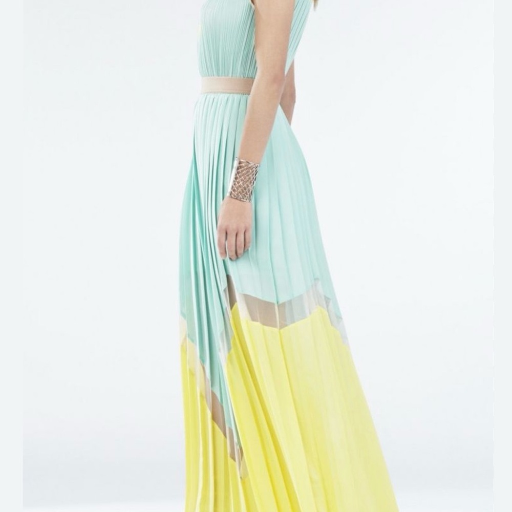 BCBGMaxAzria Mint and Yellow Pleated Dress